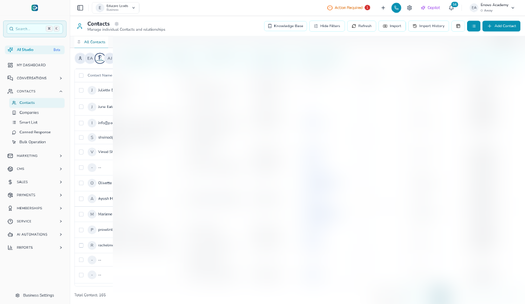 eNovoOS contacts CRM view
