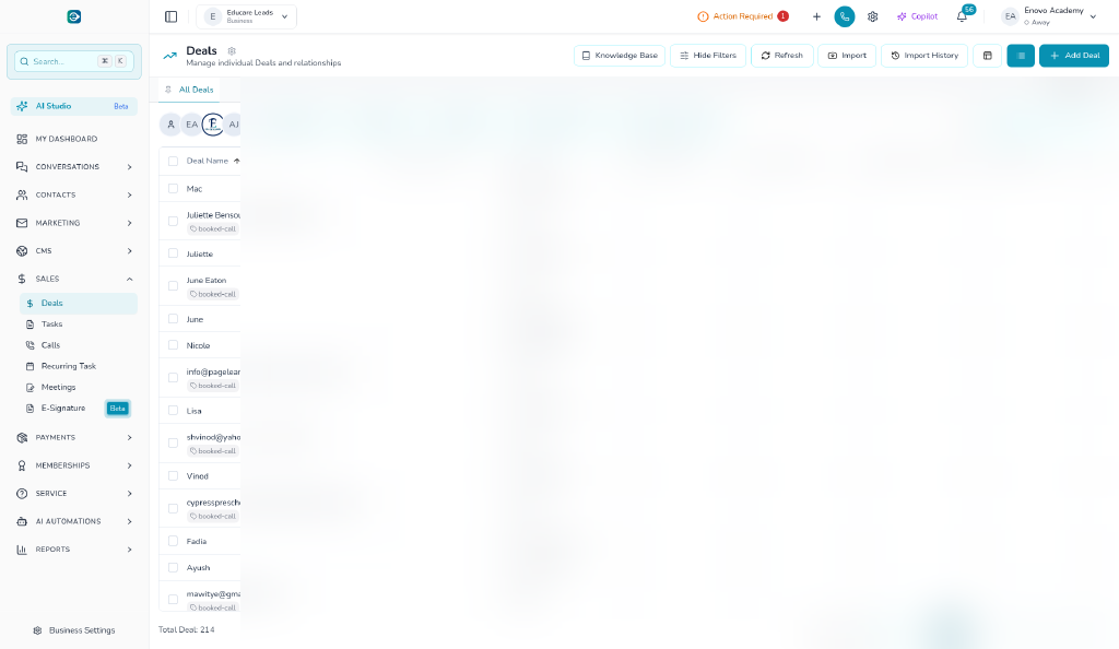 eNovoOS deals pipeline view